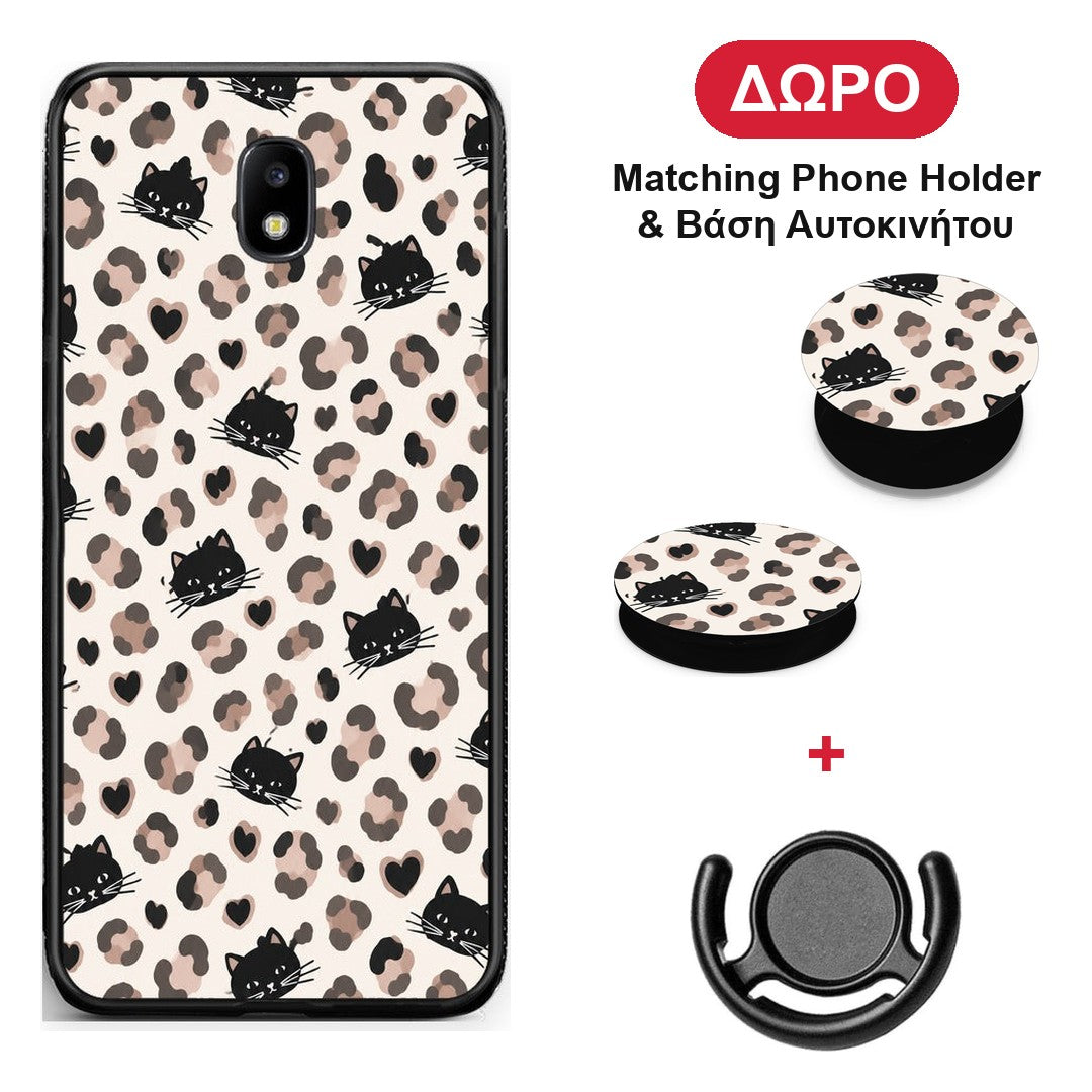 Leopard Spots and Black Cats on Cream - Samsung Galaxy J7 2017 θήκη + Δώρο Phone Holder & Βάση Αυτοκινήτου