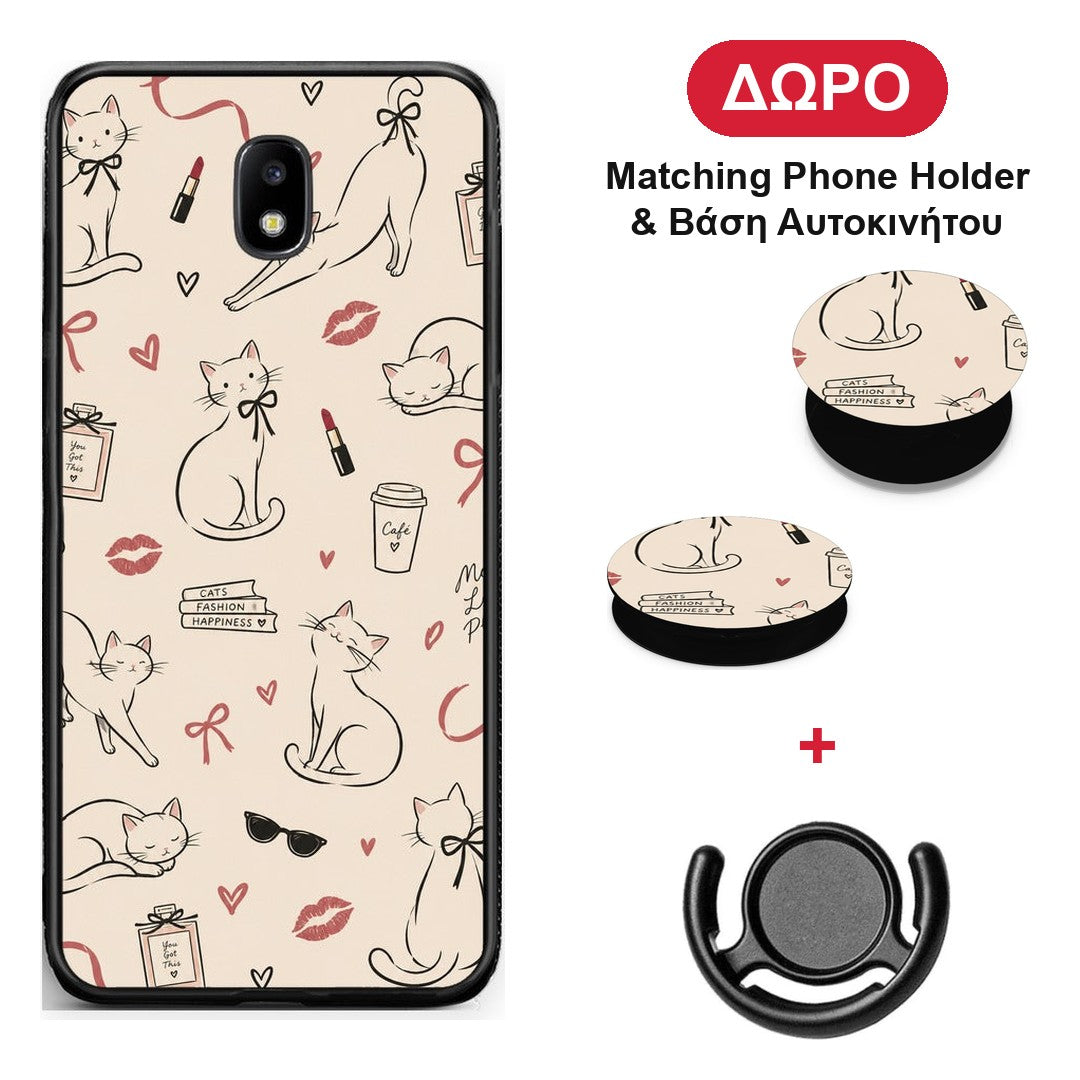 Minimal Cat and Fashion Doodles on Cream - Samsung Galaxy J7 2017 θήκη + Δώρο Phone Holder & Βάση Αυτοκινήτου