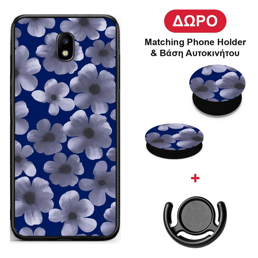 Pale Blue Flowers on Navy - Samsung Galaxy J7 2017 θήκη + Δώρο Phone Holder & Βάση Αυτοκινήτου