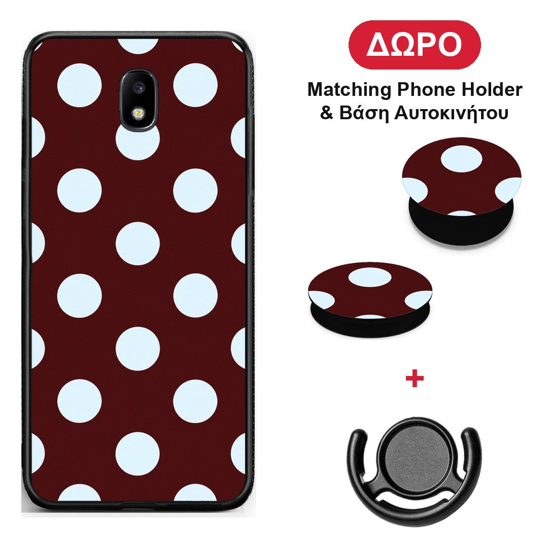 Pale Blue Large Polka Dots on Burgundy - Samsung Galaxy J7 2017 θήκη + Δώρο Phone Holder & Βάση Αυτοκινήτου