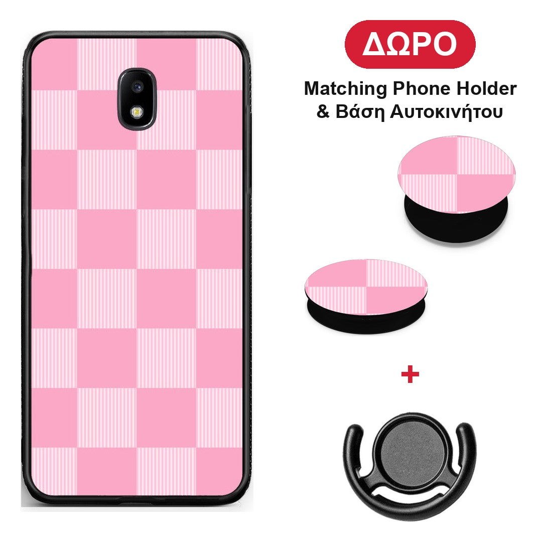 Pink and White Striped Checks - Samsung Galaxy J7 2017 θήκη + Δώρο Phone Holder & Βάση Αυτοκινήτου