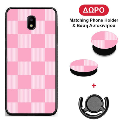 Pink and White Striped Checks - Samsung Galaxy J7 2017 θήκη + Δώρο Phone Holder & Βάση Αυτοκινήτου