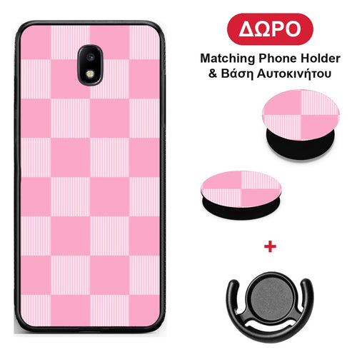 Pink and White Striped Checks - Samsung Galaxy J7 2017 θήκη + Δώρο Phone Holder & Βάση Αυτοκινήτου