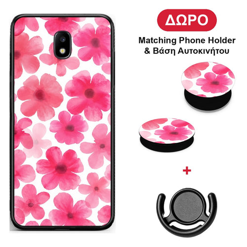 Pink Watercolour Flowers on White - Samsung Galaxy J7 2017 θήκη + Δώρο Phone Holder & Βάση Αυτοκινήτου