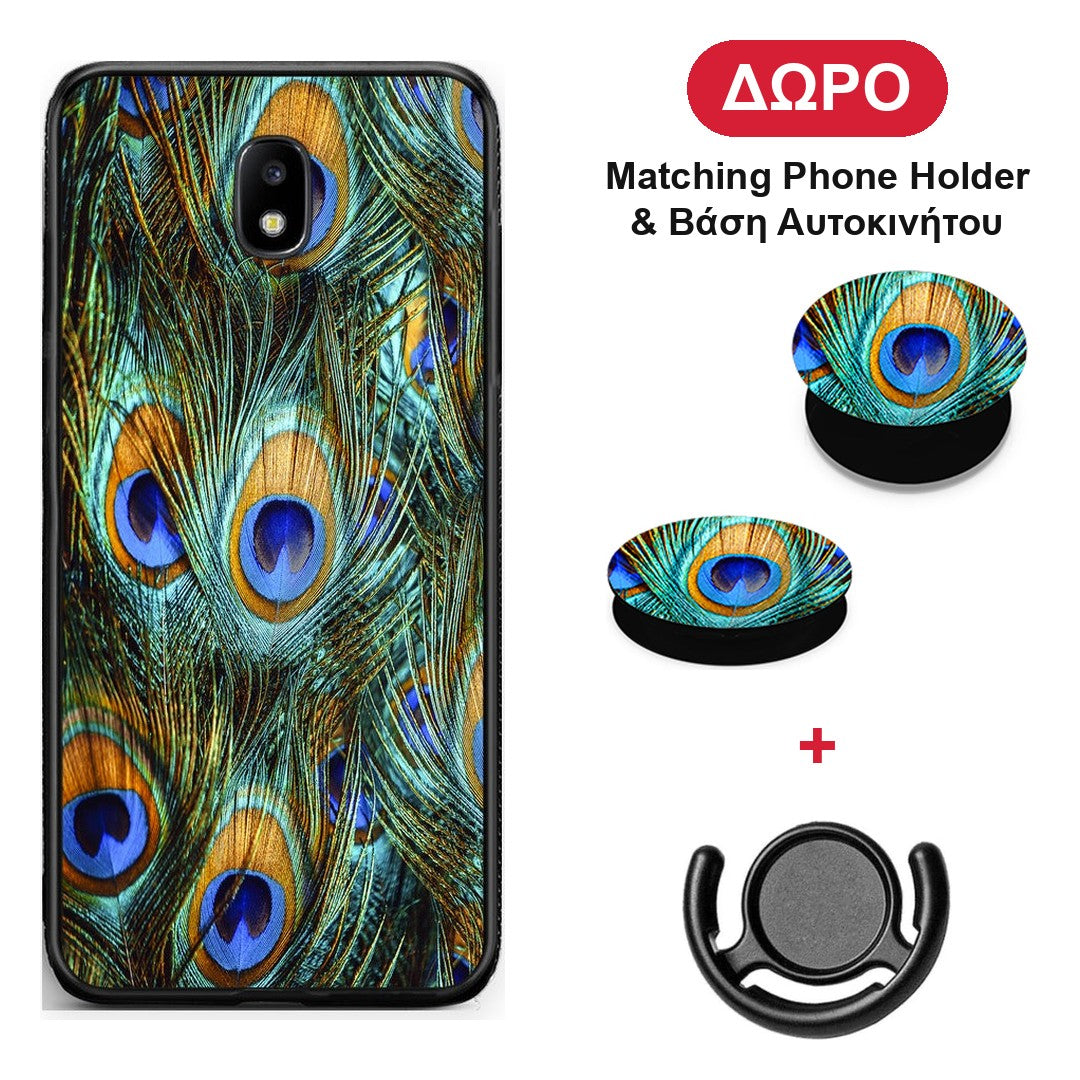 Real Peacock Feathers - Samsung Galaxy J7 2017 θήκη + Δώρο Phone Holder & Βάση Αυτοκινήτου
