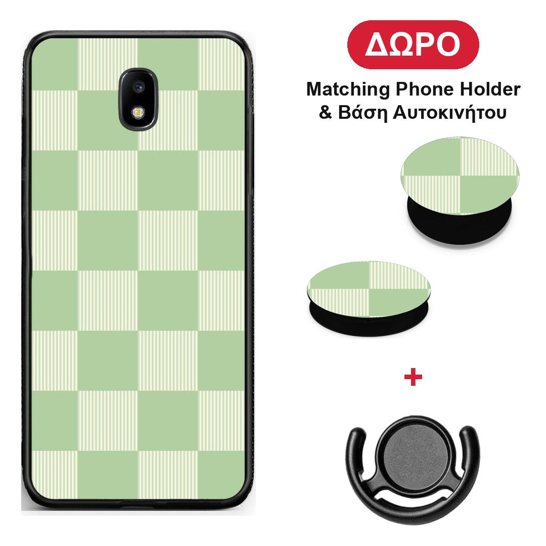 Sage and Cream Striped Checks - Samsung Galaxy J7 2017 θήκη + Δώρο Phone Holder & Βάση Αυτοκινήτου