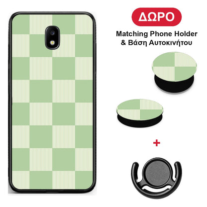 Sage and Cream Striped Checks - Samsung Galaxy J7 2017 θήκη + Δώρο Phone Holder & Βάση Αυτοκινήτου