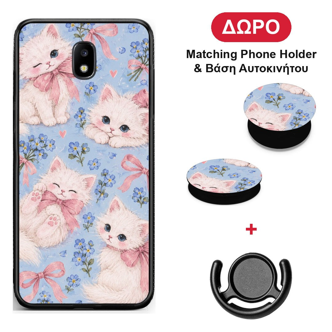 White Kittens and Blue Flowers Large - Samsung Galaxy J7 2017 θήκη + Δώρο Phone Holder & Βάση Αυτοκινήτου