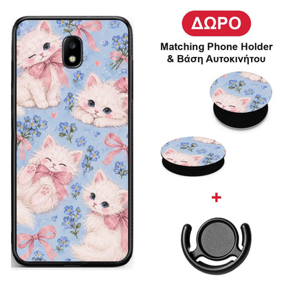 White Kittens and Blue Flowers Large - Samsung Galaxy J7 2017 θήκη + Δώρο Phone Holder & Βάση Αυτοκινήτου
