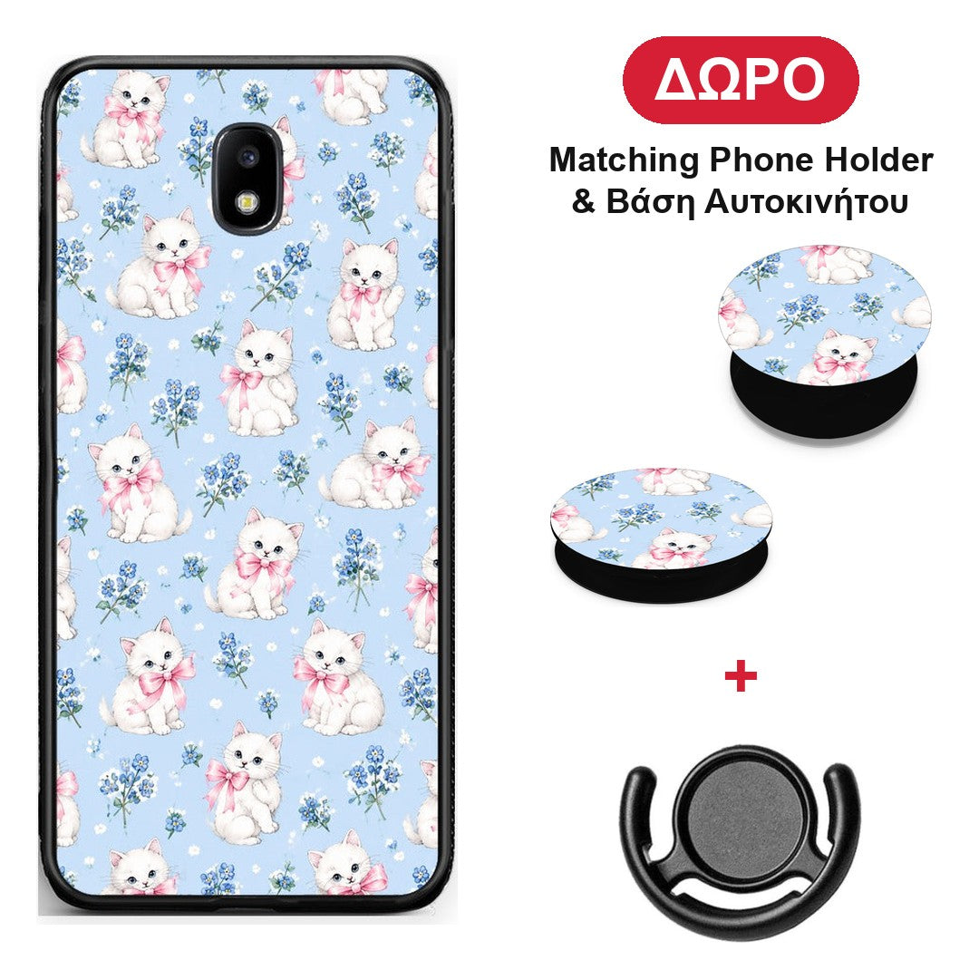 White Kittens and Blue Flowers Small - Samsung Galaxy J7 2017 θήκη + Δώρο Phone Holder & Βάση Αυτοκινήτου