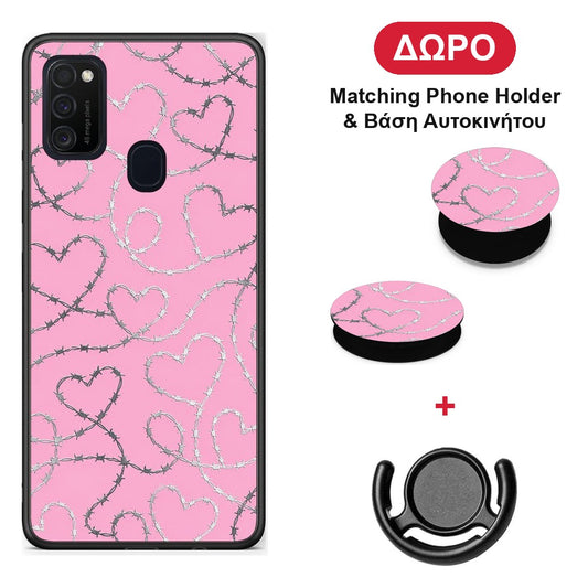 Barbed Wire Hearts on Pink - Samsung Galaxy M21 / M30s θήκη + Δώρο Phone Holder & Βάση Αυτοκινήτου