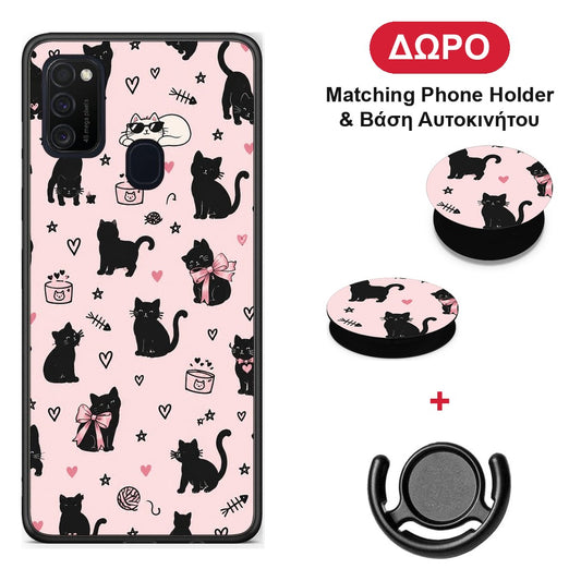 Black Cat Doodles on Pink - Samsung Galaxy M21 / M30s θήκη + Δώρο Phone Holder & Βάση Αυτοκινήτου