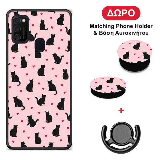 Black Cat Silhouettes and Hearts on Pink - Samsung Galaxy M21 / M30s θήκη + Δώρο Phone Holder & Βάση Αυτοκινήτου