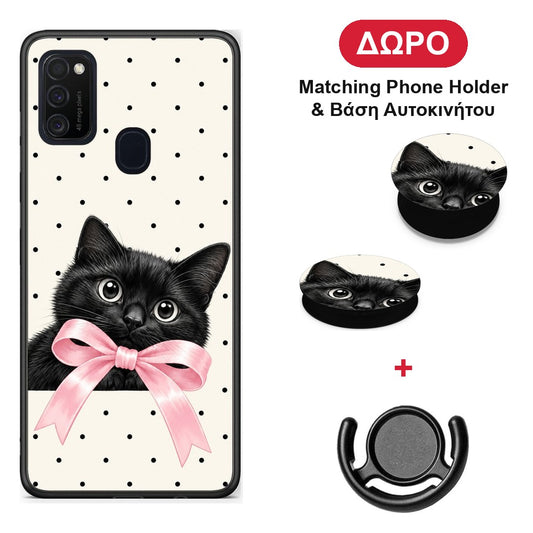 Black Kitten Pink Bow and Polka Dots - Samsung Galaxy M21 / M30s θήκη + Δώρο Phone Holder & Βάση Αυτοκινήτου