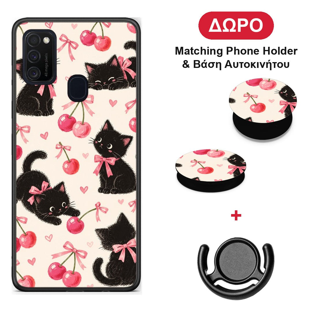 Black Kittens and Cherries on Cream - Samsung Galaxy M21 / M30s θήκη + Δώρο Phone Holder & Βάση Αυτοκινήτου