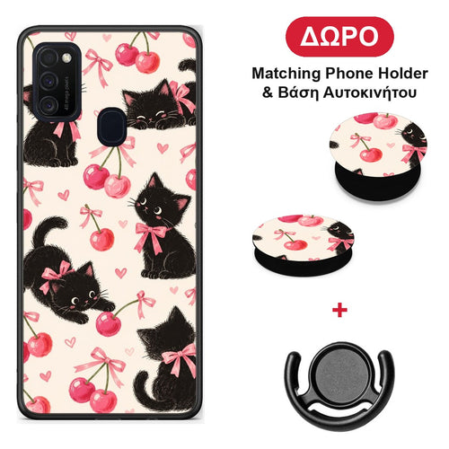 Black Kittens and Cherries on Cream - Samsung Galaxy M21 / M30s θήκη + Δώρο Phone Holder & Βάση Αυτοκινήτου