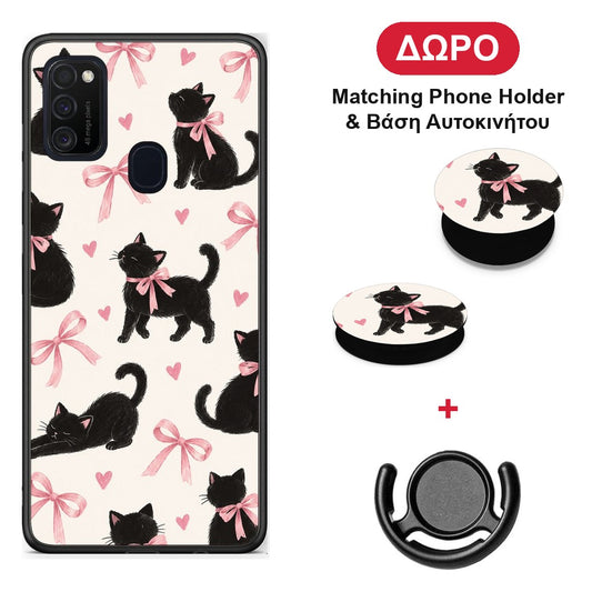 Black Kittens and Pink Bows on Cream Large - Samsung Galaxy M21 / M30s θήκη + Δώρο Phone Holder & Βάση Αυτοκινήτου