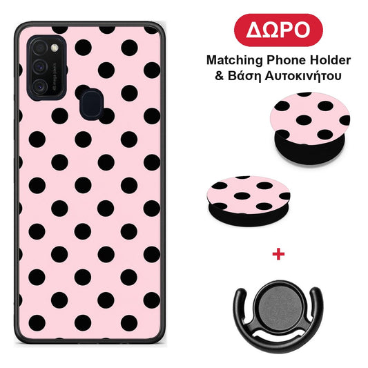 Black Polka Dots on Pink - Samsung Galaxy M21 / M30s θήκη + Δώρο Phone Holder & Βάση Αυτοκινήτου