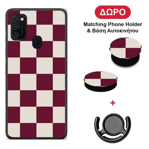 Burgundy and Cream Striped Checks - Samsung Galaxy M21 / M30s θήκη + Δώρο Phone Holder & Βάση Αυτοκινήτου