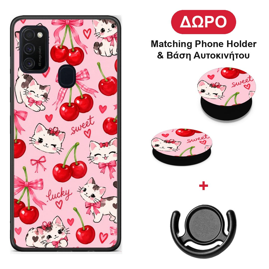 Cherries Bows and Kittens on Pink - Samsung Galaxy M21 / M30s θήκη + Δώρο Phone Holder & Βάση Αυτοκινήτου