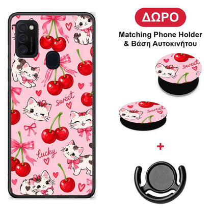 Cherries Bows and Kittens on Pink - Samsung Galaxy M21 / M30s θήκη + Δώρο Phone Holder & Βάση Αυτοκινήτου