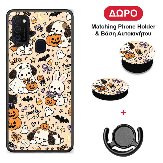 Halloween Puppies and Friends on Cream - Samsung Galaxy M21 / M30s θήκη + Δώρο Phone Holder & Βάση Αυτοκινήτου
