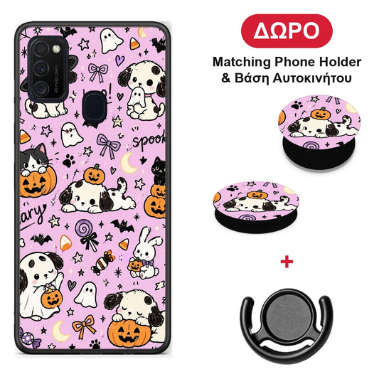 Halloween Puppies and Friends on Lilac - Samsung Galaxy M21 / M30s θήκη + Δώρο Phone Holder & Βάση Αυτοκινήτου