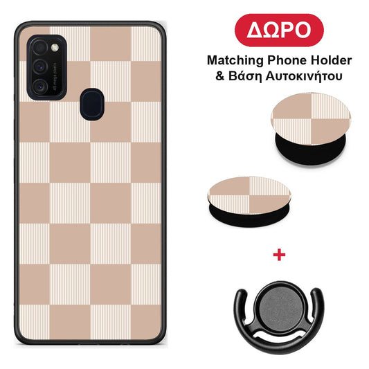 Latte and Cream Striped Checks - Samsung Galaxy M21 / M30s θήκη + Δώρο Phone Holder & Βάση Αυτοκινήτου