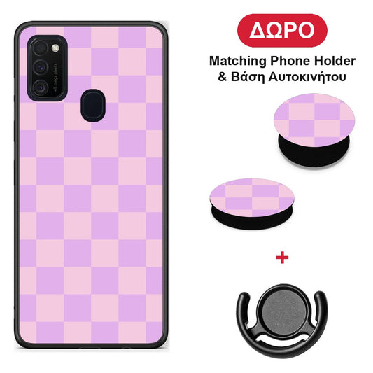 Lavender and Pink Checkerboard - Samsung Galaxy M21 / M30s θήκη + Δώρο Phone Holder & Βάση Αυτοκινήτου