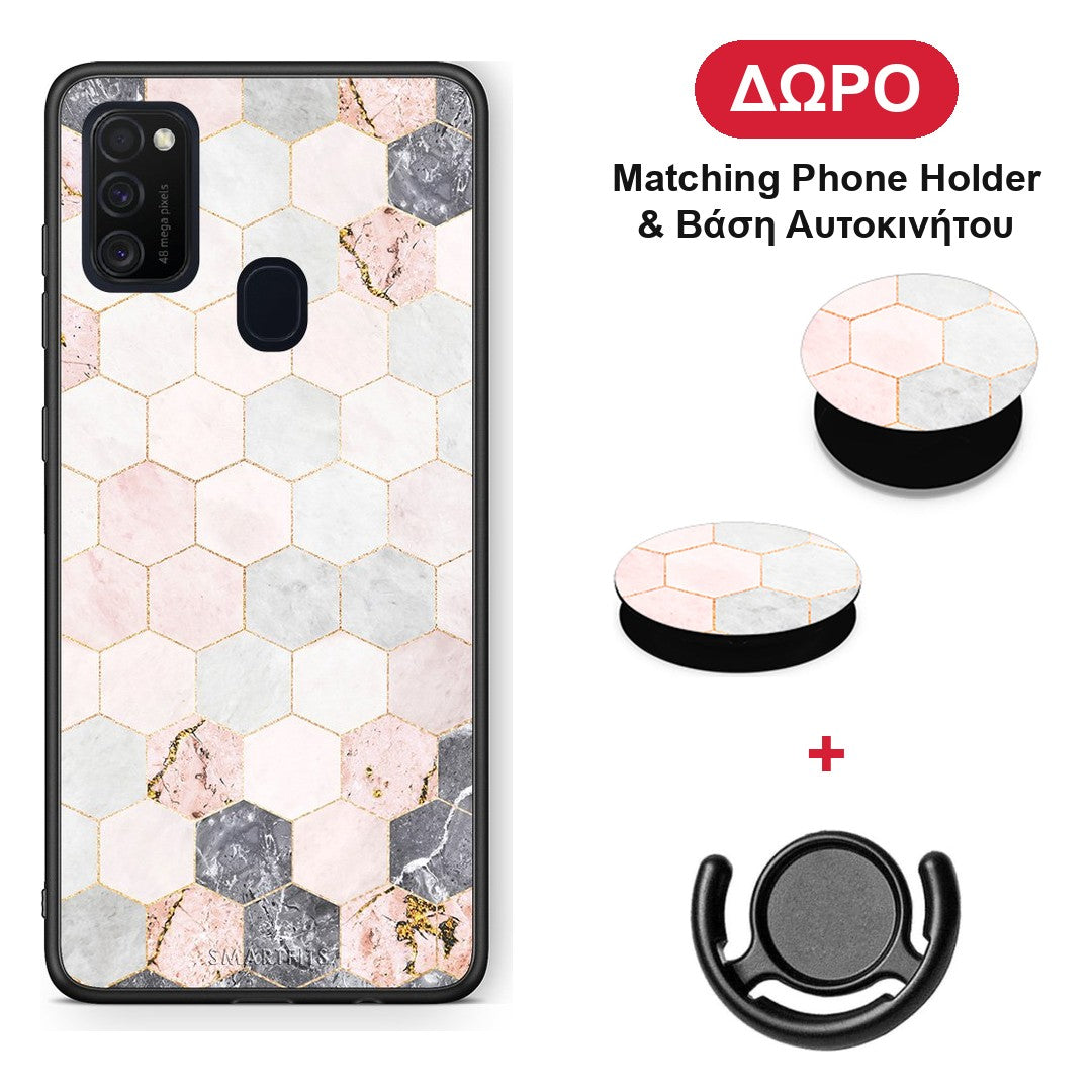 Marble Hexagon Pink - Samsung Galaxy M21 / M30s θήκη + Δώρο Phone Holder & Βάση Αυτοκινήτου
