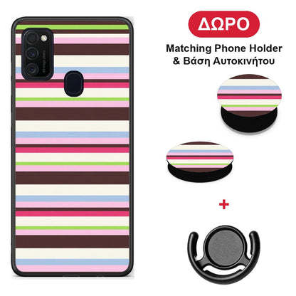 Multicolour Horizontal Stripes - Samsung Galaxy M21 / M30s θήκη + Δώρο Phone Holder & Βάση Αυτοκινήτου