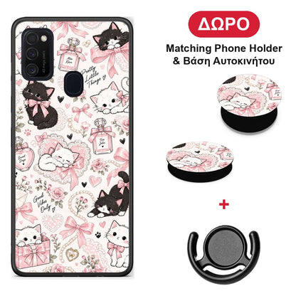 Pink Bows and Kittens Collage - Samsung Galaxy M21 / M30s θήκη + Δώρο Phone Holder & Βάση Αυτοκινήτου