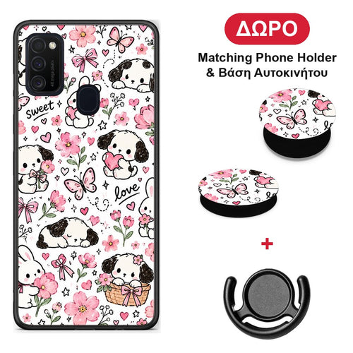 Pink Florals Puppies and Bunnies on White - Samsung Galaxy M21 / M30s θήκη + Δώρο Phone Holder & Βάση Αυτοκινήτου