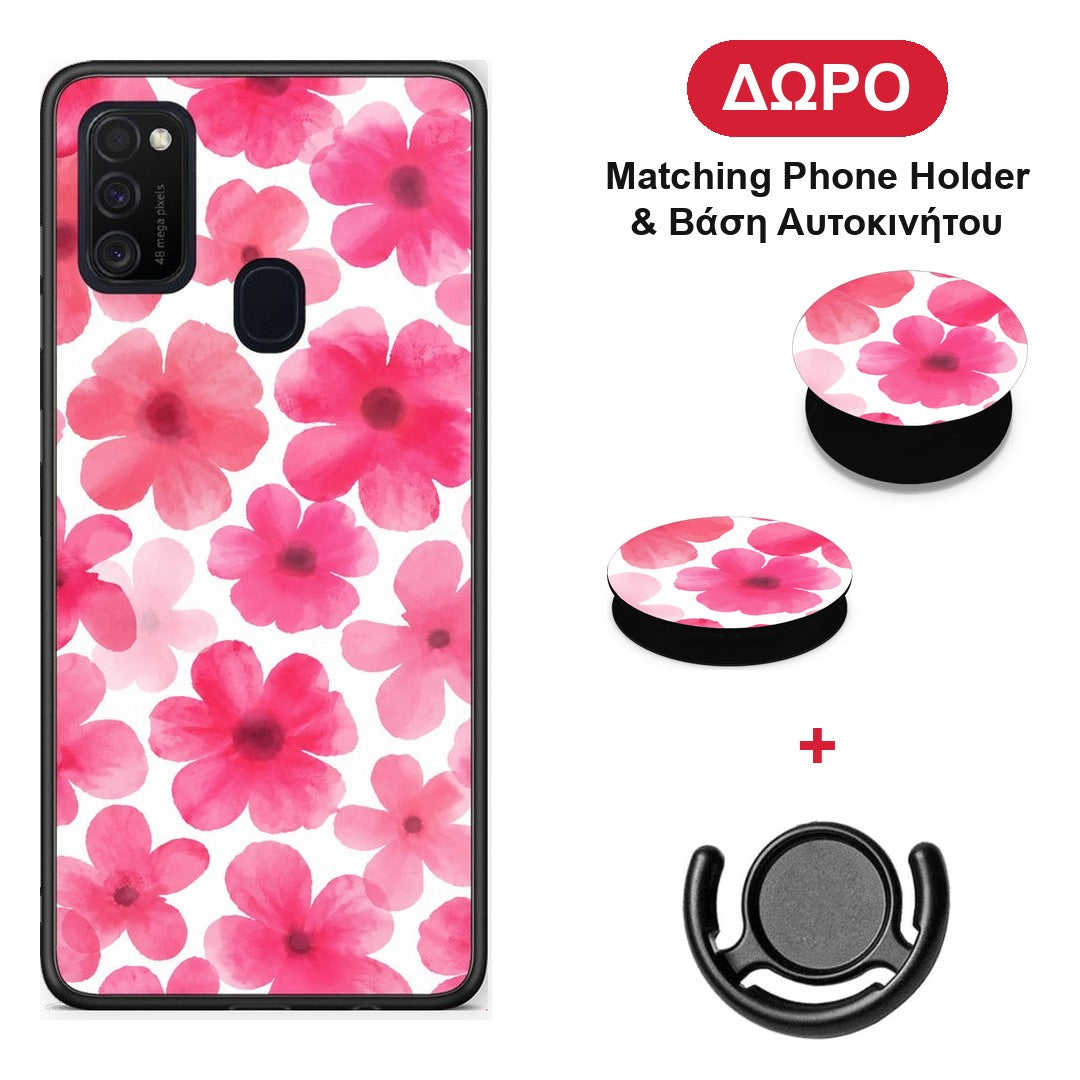 Pink Watercolour Flowers on White - Samsung Galaxy M21 / M30s θήκη + Δώρο Phone Holder & Βάση Αυτοκινήτου