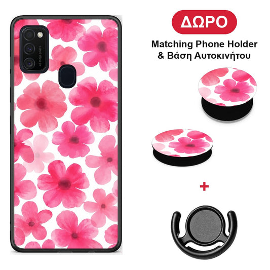 Pink Watercolour Flowers on White - Samsung Galaxy M21 / M30s θήκη + Δώρο Phone Holder & Βάση Αυτοκινήτου