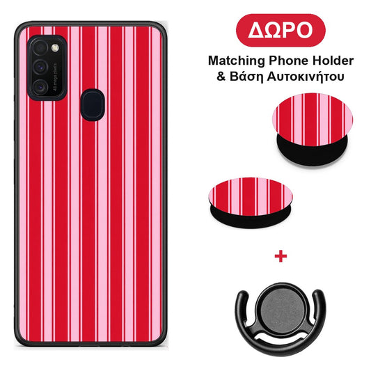 Red and Pink Vertical Pinstripes - Samsung Galaxy M21 / M30s θήκη + Δώρο Phone Holder & Βάση Αυτοκινήτου