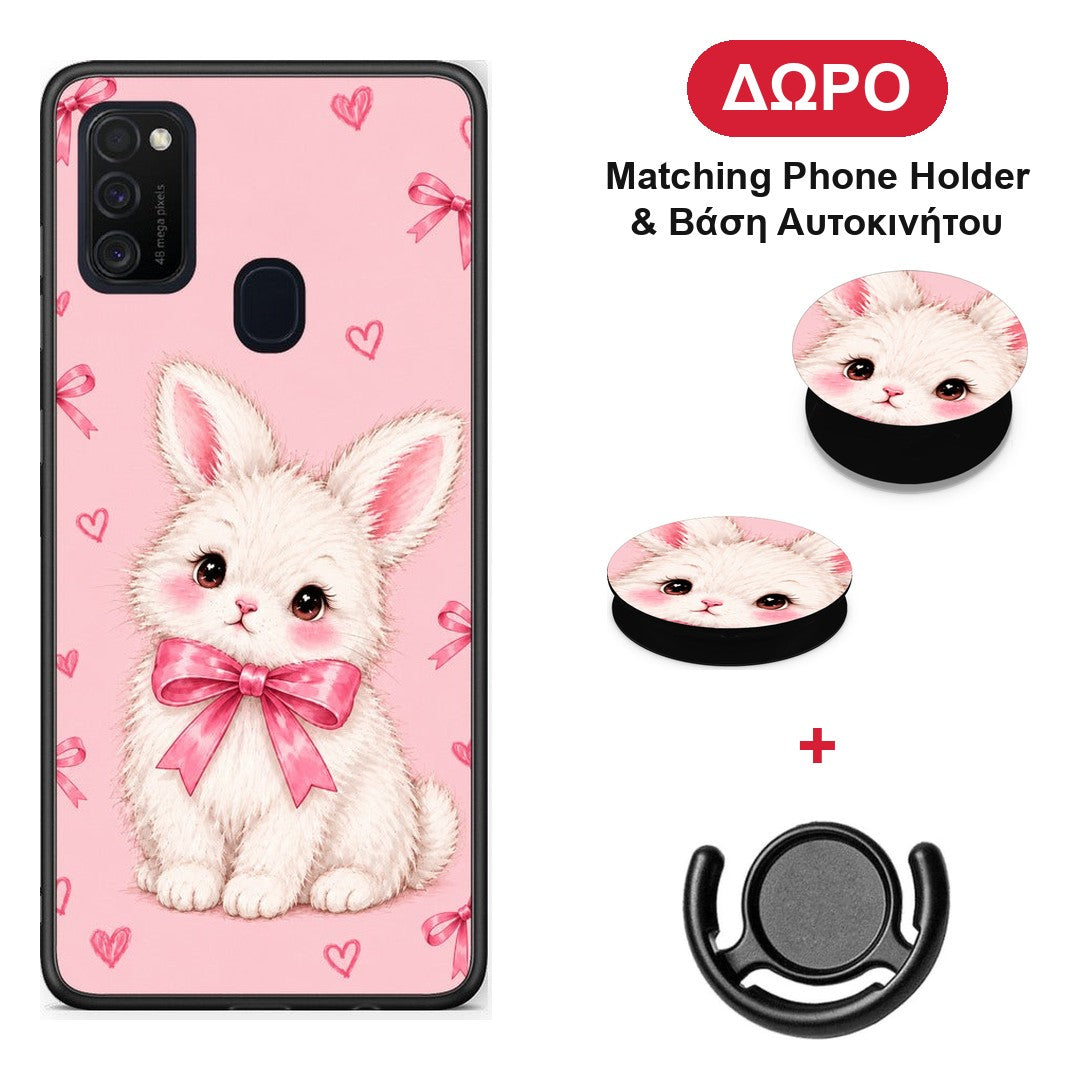 White Bunny and Pink Bows - Samsung Galaxy M21 / M30s θήκη + Δώρο Phone Holder & Βάση Αυτοκινήτου