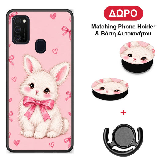 White Bunny and Pink Bows - Samsung Galaxy M21 / M30s θήκη + Δώρο Phone Holder & Βάση Αυτοκινήτου