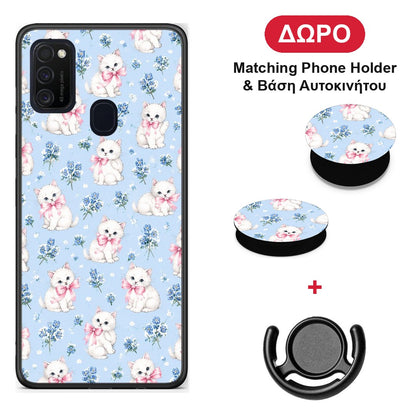 White Kittens and Blue Flowers Small - Samsung Galaxy M21 / M30s θήκη + Δώρο Phone Holder & Βάση Αυτοκινήτου