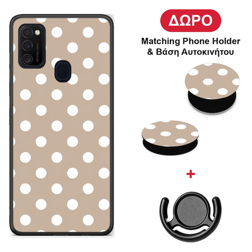White Polka Dots on Taupe - Samsung Galaxy M21 / M30s θήκη + Δώρο Phone Holder & Βάση Αυτοκινήτου