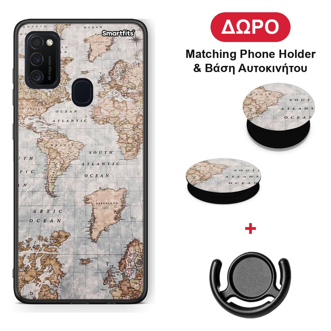 World Map - Samsung Galaxy M21 / M30s θήκη + Δώρο Phone Holder & Βάση Αυτοκινήτου
