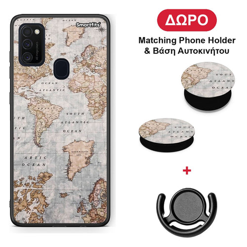 World Map - Samsung Galaxy M21 / M30s θήκη + Δώρο Phone Holder & Βάση Αυτοκινήτου