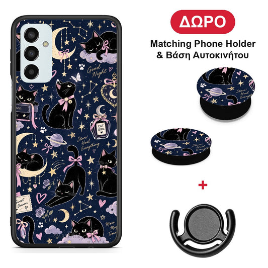 Celestial Black Cats on Navy - Samsung Galaxy M23 / F23 θήκη + Δώρο Phone Holder & Βάση Αυτοκινήτου
