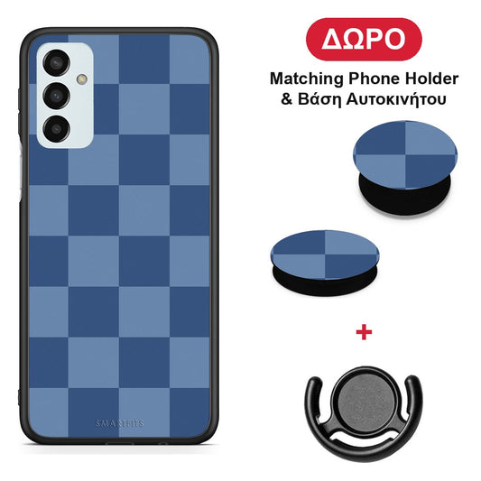 Denim Blue Checkerboard - Samsung Galaxy M23 / F23 θήκη + Δώρο Phone Holder & Βάση Αυτοκινήτου