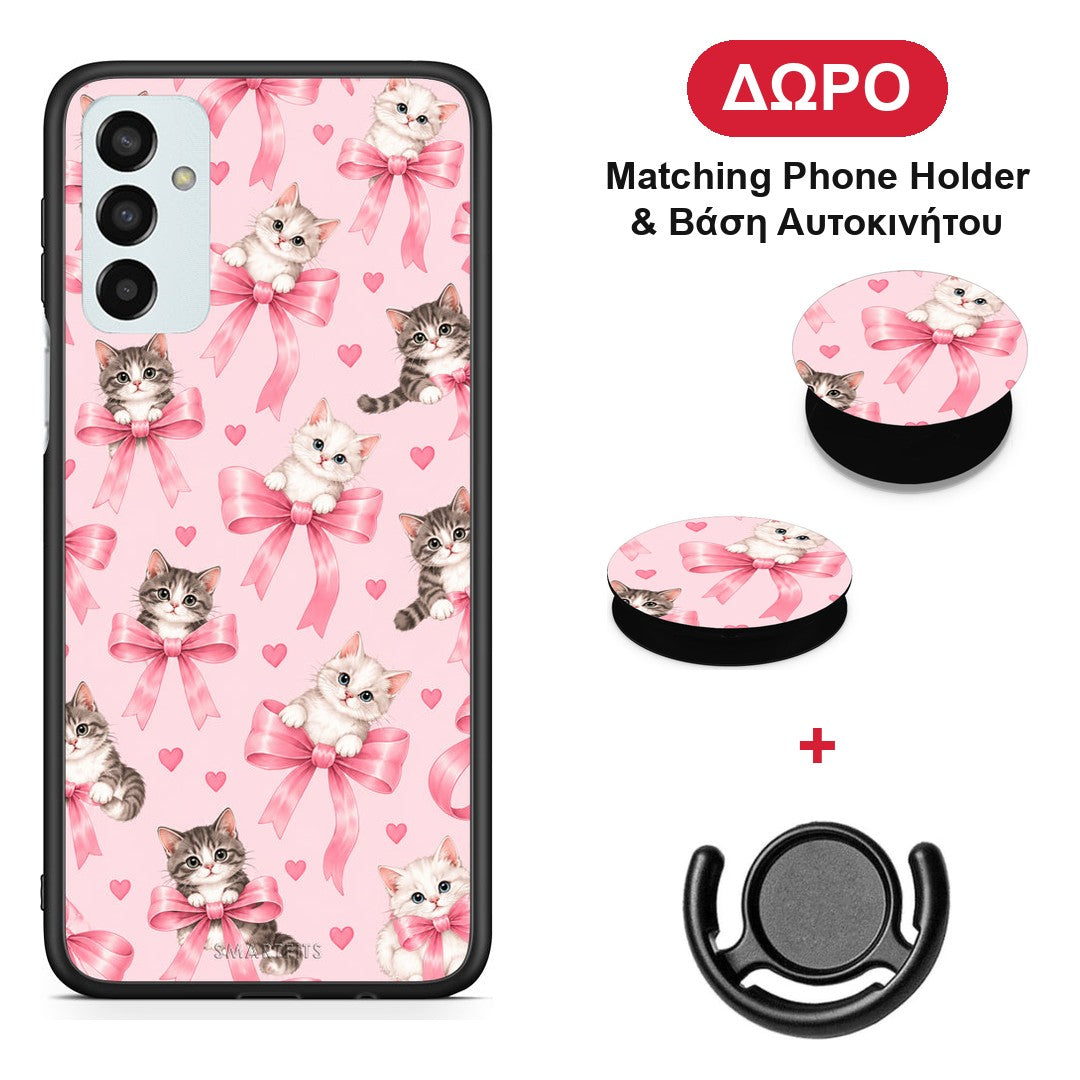 Kittens and Pink Bows on Pink - Samsung Galaxy M23 / F23 θήκη + Δώρο Phone Holder & Βάση Αυτοκινήτου