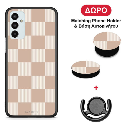 Latte and Cream Striped Checks - Samsung Galaxy M23 / F23 θήκη + Δώρο Phone Holder & Βάση Αυτοκινήτου