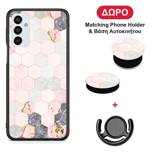 Marble Hexagon Pink - Samsung Galaxy M23 / F23 θήκη + Δώρο Phone Holder & Βάση Αυτοκινήτου