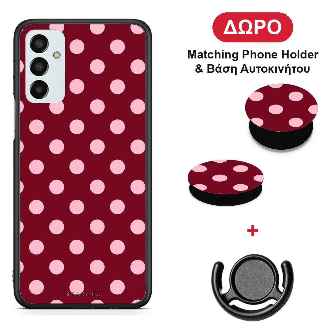 Pink Polka Dots on Burgundy - Samsung Galaxy M23 / F23 θήκη + Δώρο Phone Holder & Βάση Αυτοκινήτου