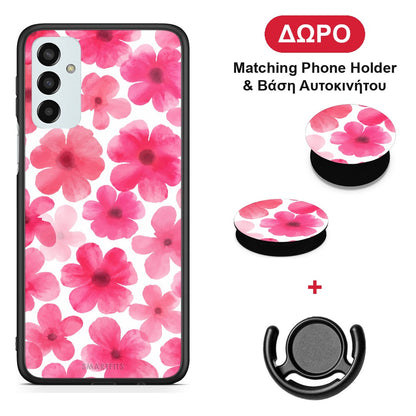 Pink Watercolour Flowers on White - Samsung Galaxy M23 / F23 θήκη + Δώρο Phone Holder & Βάση Αυτοκινήτου