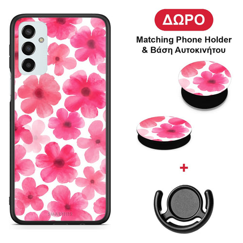 Pink Watercolour Flowers on White - Samsung Galaxy M23 / F23 θήκη + Δώρο Phone Holder & Βάση Αυτοκινήτου